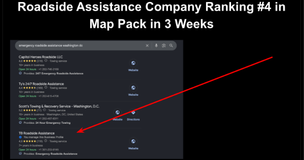 Roadside assistance company ranking number four in the Map Pack after three weeks